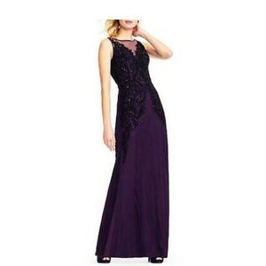 ADRIANNA PAPELL Purple & Black Beaded Long Maxi Gown, Size 4